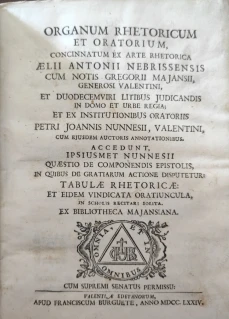 Portada libro : Organum rhetoricum et oratorium concinnatum ex Arte rhetorico Aelii Antonii Nebrissensis cum notis G....
