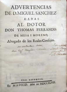 Portada libro : Advertencias de D. Miguel Sanchez dadas al doctor Don Thomas Frerrandis de Mesa I Moreno, Abogado de....
